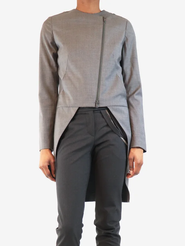 Brunello Cucinelli Grey dropped hem jacket - size UK 8 in Grey Silk from Sign of the Times