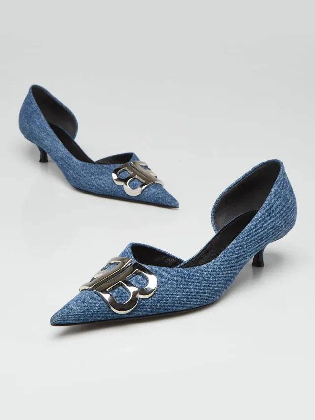 Balenciaga Blue Denim BB Knife Kitten Heel Size 6/36.5 in Blue Denim from Yoogis
