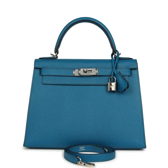 Hermès Kelly Sellier 28 Bleu Izmir Epsom Palladium Hardware in Blue Epsom leather from Madison Avenue Couture