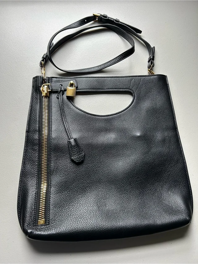 Tom Ford Alix Padlock Zip Tote Black Grained Leather Foldover Shoulder Bag in black Caviar leather from Poshmark