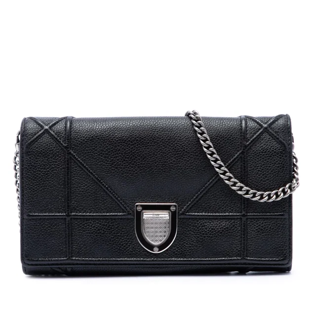 Black Dior Grained Calfskin Diorama Croisiere Wallet on Chain Crossbody Bag in Black Caviar leather from Designer Revival