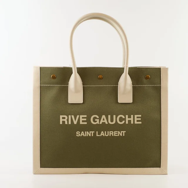 Saint Laurent Tote Bag Canvas Khaki / Lt Grey in Green Canvas from The Purse Affair