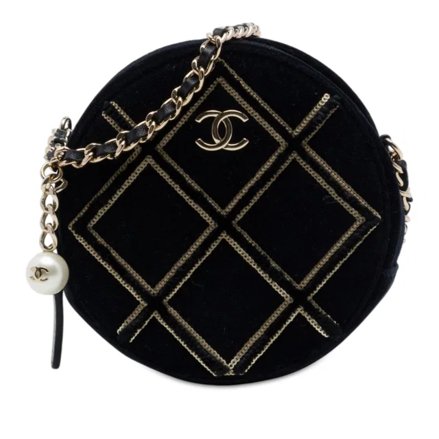 Black Chanel Velvet Pearl Sequin Round Crossbody in Black Velvet from Designer Revival