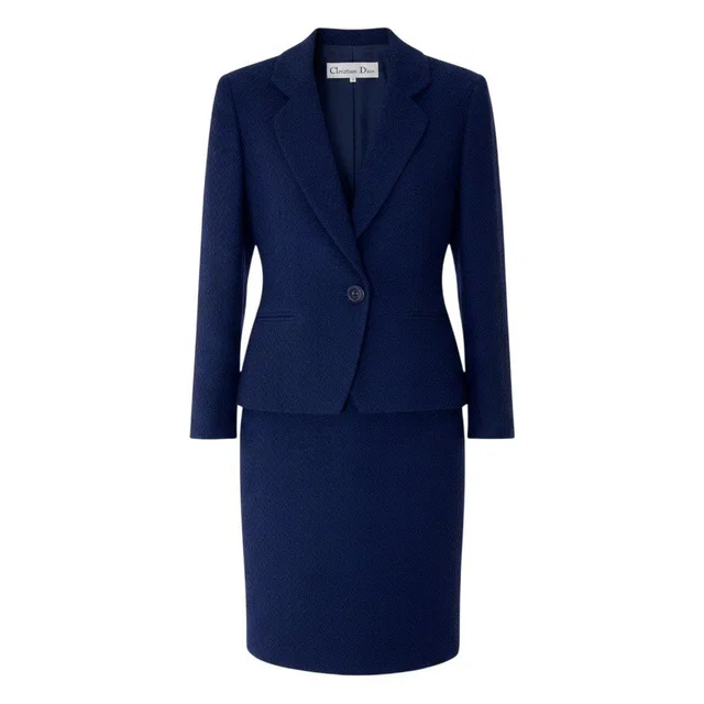 Dior Set Skirt Suit Herringbone Pattern 11 Navy Wool in Navy Wool from The Reluxe