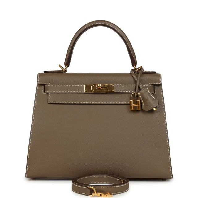 Hermès Kelly Sellier 28 Etoupe Epsom Gold Hardware in Taupe Epsom leather from Madison Avenue Couture