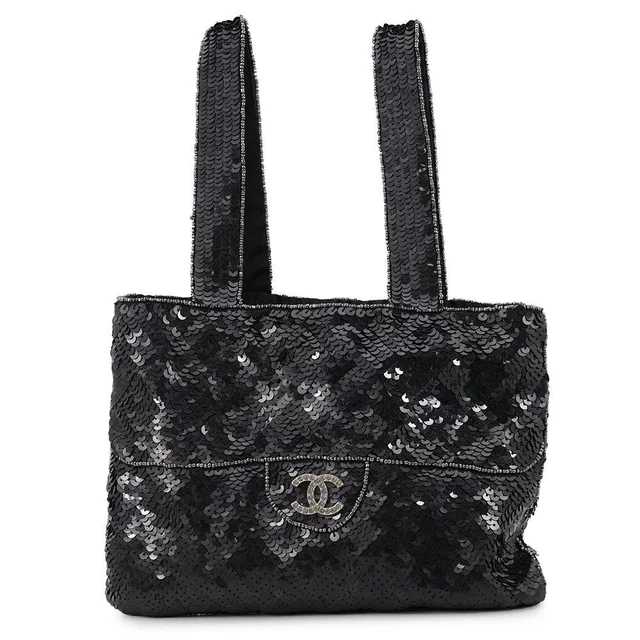 Chanel Handbag Mini CC Logo Sequin Beads Rhinestone Bag Black in Black from The Reluxe