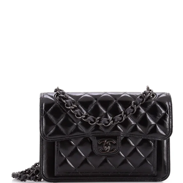Chanel So Black Double You CC Flap Bag Quilted Shiny Crumpled Calfskin Medium in black Calfskin from Rebag