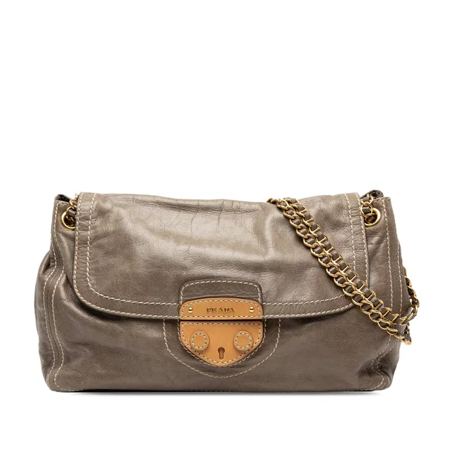 Brown Prada Vitello Shine Push Lock Flap Shoulder Bag in Brown Woven leather from Designer Revival