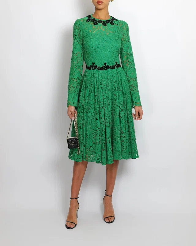 Dolce & Gabbana Apple Green Lace Midi Dress with Black Floral Collar and Waist Detail Size IT 42 (UK 10) in Black from Sellier