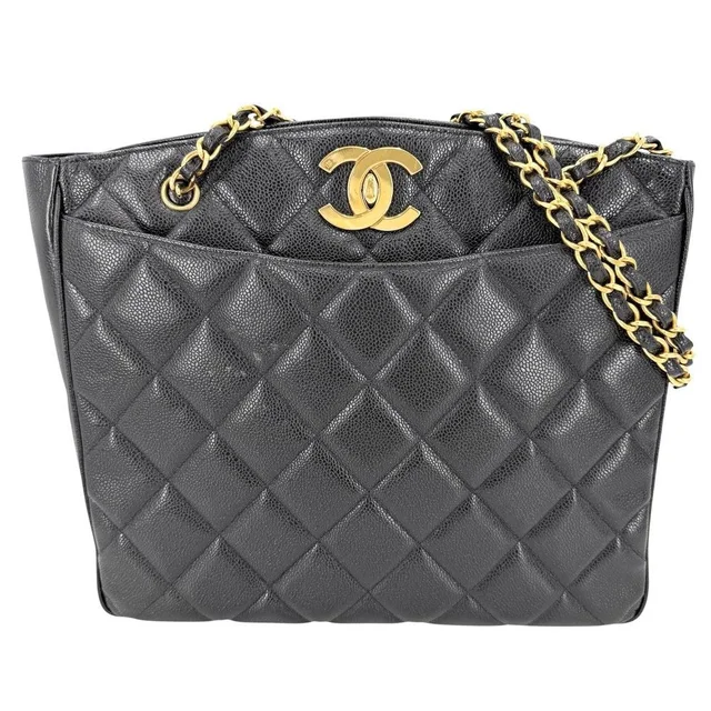 Chanel Big Handbag Quilted CC Logo Chain Tote Shoulder Caviar Leather Black Gold in Black Caviar leather from The Reluxe
