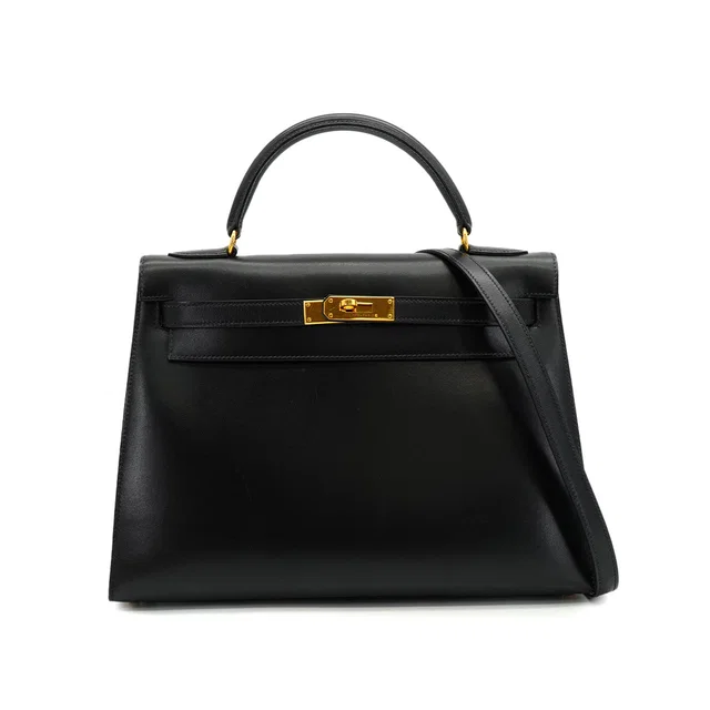Hermès Kelly 32 Sellier Black Box Calf Hand Shoulder Bag 1996 Circle Z Gold Hardware in Black Box leather from Luxury Promise