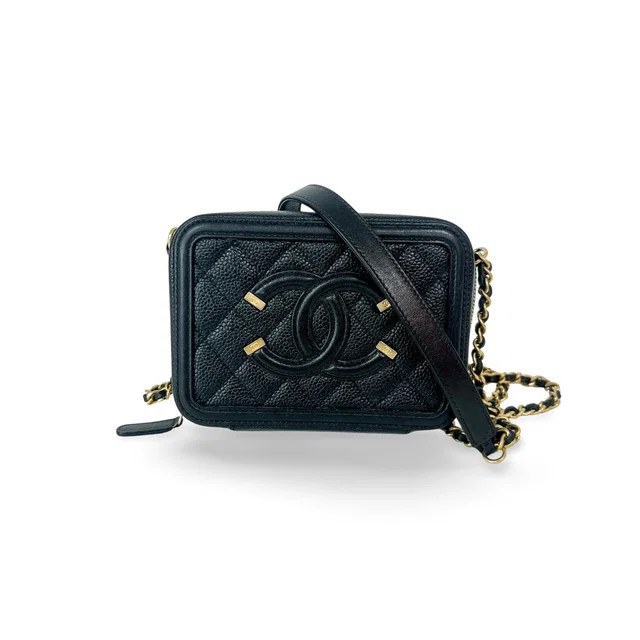 Chanel Small CC Filigree Vanity Case Black Caviar Gold Hardware xz9f9p6peb in Black Caviar leather from Luxury Promise