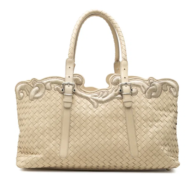 Brown Bottega Veneta Embroidered Nappa Intrecciato Tote in Brown Nappa leather from Designer Revival
