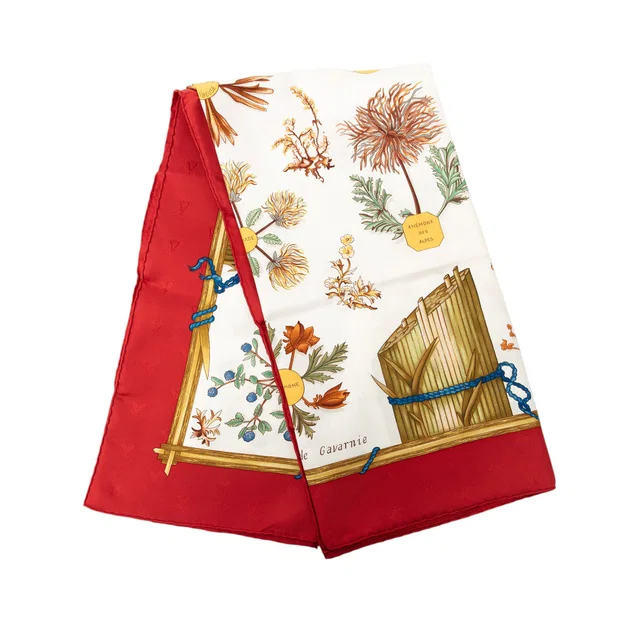 Red Hermès Herbier de Gavarnie Silk Scarf 90 Scarves in Red Silk from Designer Revival