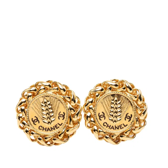 Gold Chanel CC Gold Plated Wheat Medallion Clip On Earrings in Gold from Designer Revival