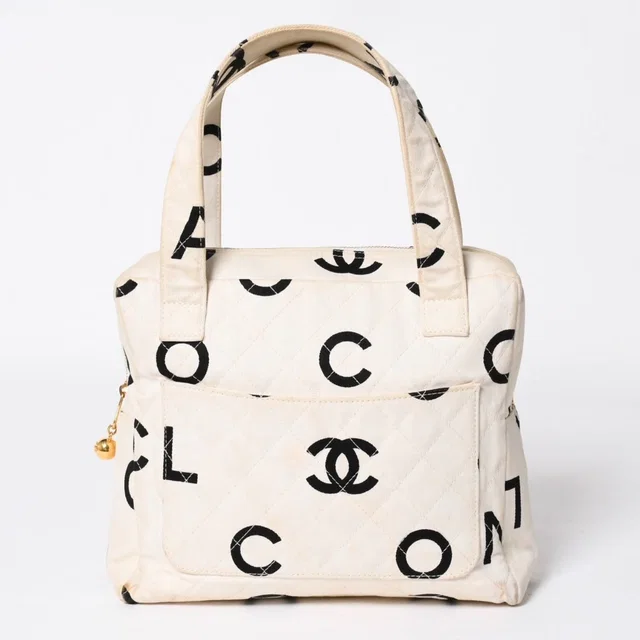 Chanel Mini Bag CC Logo Beige White Black Gold in Black Canvas from The Reluxe