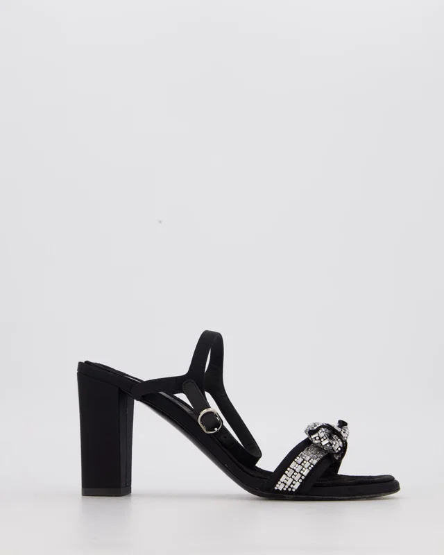 Chanel Black Heeled Sandal With Crystal Embellished Bow Detail EU 37.5C in Black Velvet from Sellier