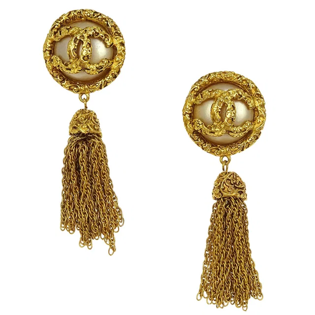 Chanel Costume Pearl Fringe Dangle Earrings Clip-On Gold 93A in Gold from AMORE Vintage Tokyo