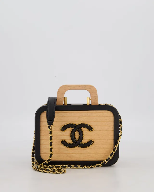 Chanel Brown Wooden Vanity Case Bag with Black CC Leather Chain Logo in Black Leather from Sellier