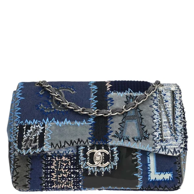 Chanel 2015-2016 Blue Tweed Patchwork Jumbo Shoulder Bag in Blue Tweed from AMORE Vintage Tokyo