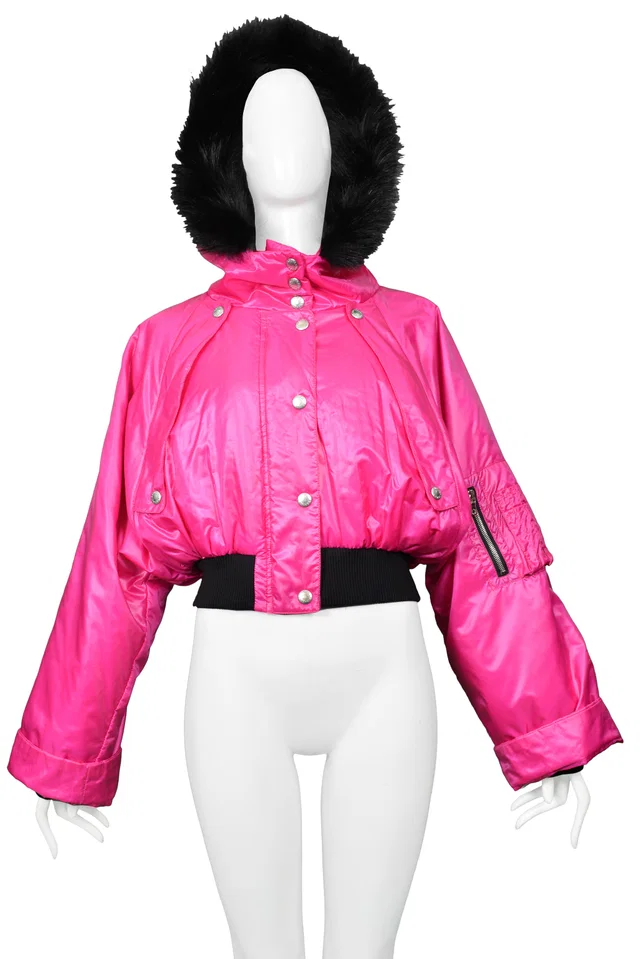 Dolce & Gabbana Pink Bomber With Hood & Fur Trim 2003 in Pink Nylon from Resurrection Vintage