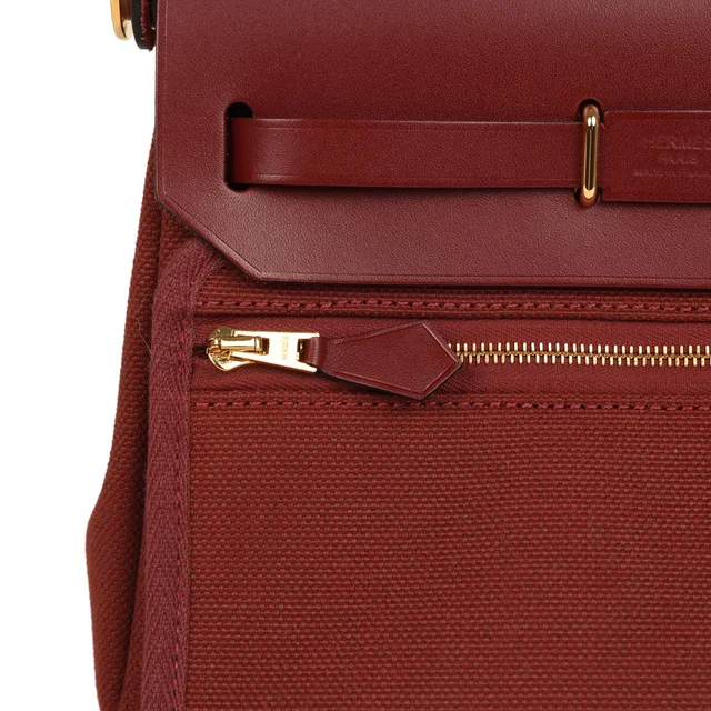 Hermès Herbag Zip 20 Mini Rouge H Toile Militaire Canvas and Vache Hunter Gold Hardware in Burgundy Canvas from Madison Avenue Couture, photo 9 of 10