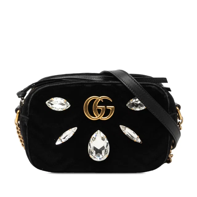 Black Gucci Mini GG Marmont Crystal Embellished Matelasse Velvet Crossbody in Black Velvet from Designer Revival