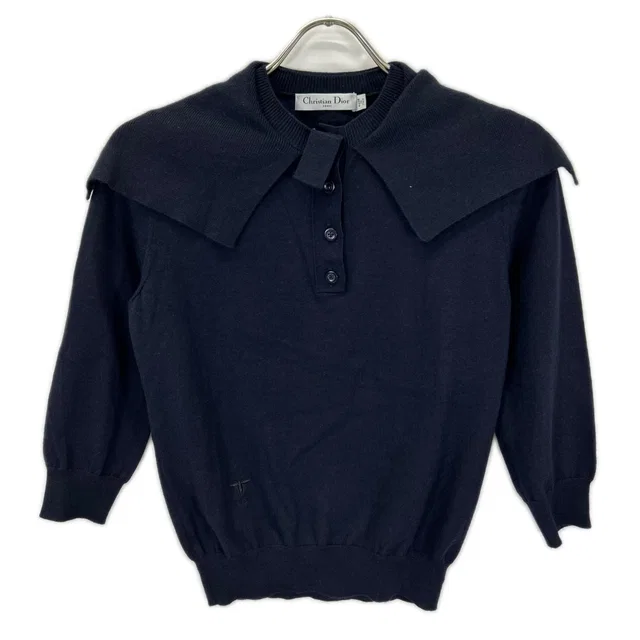 Dior Navy Cashmere Silk Bee Embroidery Sailor Color Half Button Knit Pullover in Navy Silk from The Reluxe