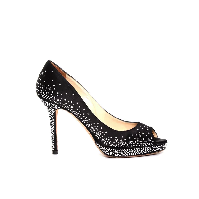 Jimmy Choo The Dali Swarovski Crystal Platform Satin Peep Heels in Satin from Revivre Luxury Consignment