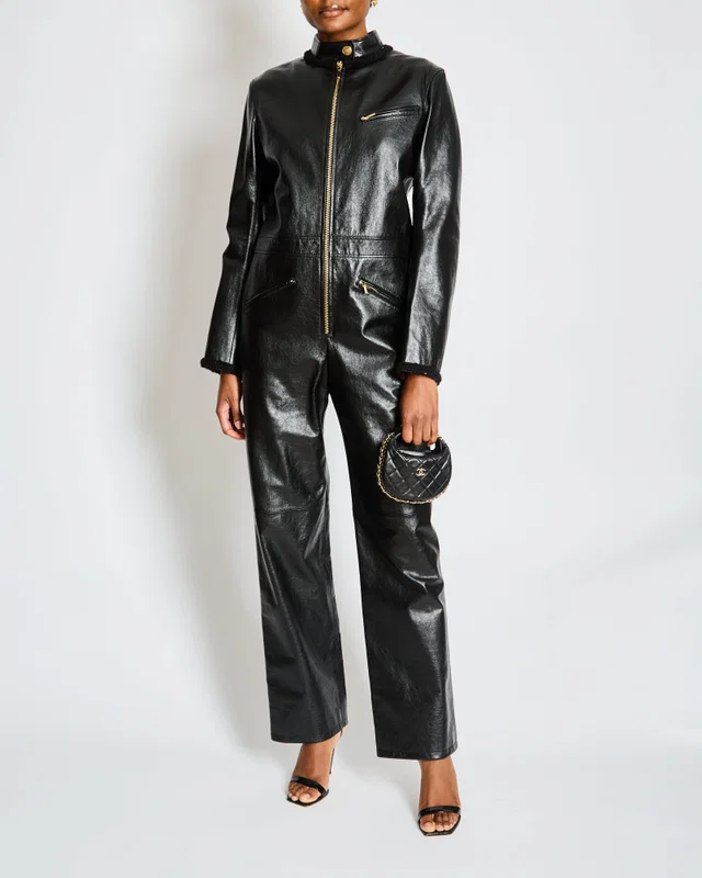 Chanel Pre-Fall 2022 Black Leather Jumpsuit with Gold CC Button and Tweed and Chain Trim Detail Size… in Black Tweed from Sellier