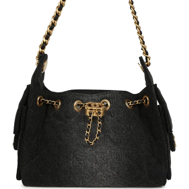 Chanel Mini 25 Hobo Bag Black Washed Denim Antique Gold Hardware in Black Denim from Madison Avenue Couture