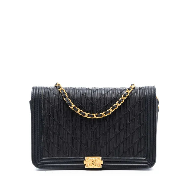 Black Chanel Pleated Crumpled Chevron Calfskin Le Boy Wallet On Chain Crossbody Bag in Black Calfskin from Designer Revival, photo 1 of 1