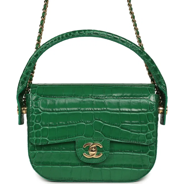 Chanel Mini Top Handle "Turn Around" Flap Bag Green Croc Embossed Calfskin Gold Hardware in Green Calfskin from Madison Avenue Couture