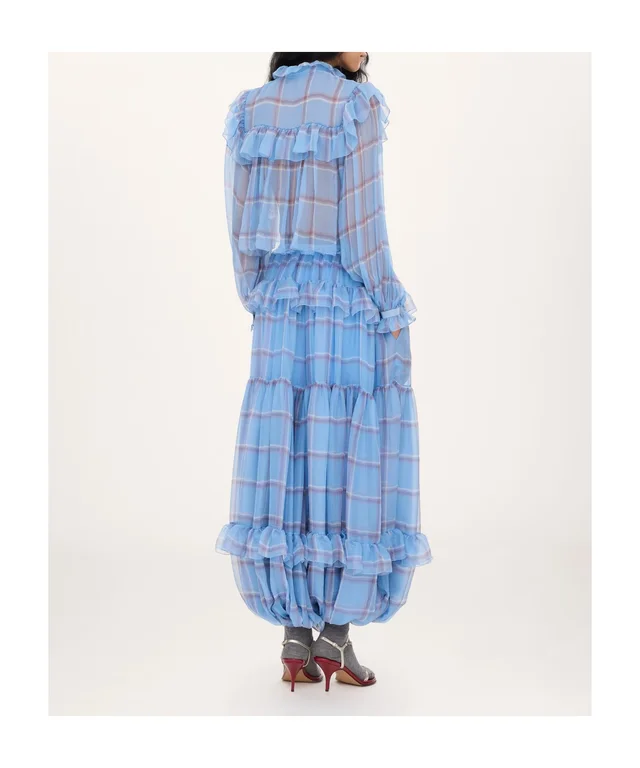Chloé Ruffled Check Wide-Leg Pants in Silk 100% Description: Fluid pleated trousers in check-print organic silk mousseline with a silk-mix lining, featuring a gathered, tiered…, photo 4 of 7 from SENSER