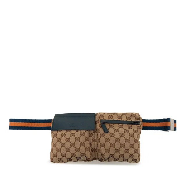 Beige Gucci GG Canvas Web Double Pocket Belt Bag in Beige Canvas from Designer Revival
