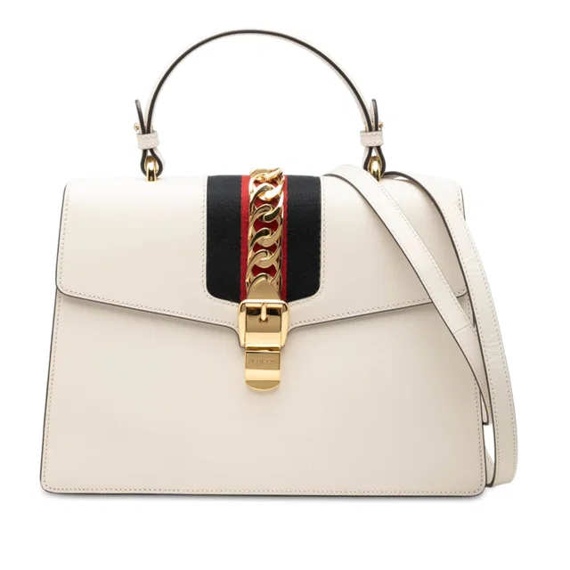White Gucci Medium Calfskin Web Sylvie Top Handle Bag Satchel in White Calfskin from Designer Revival