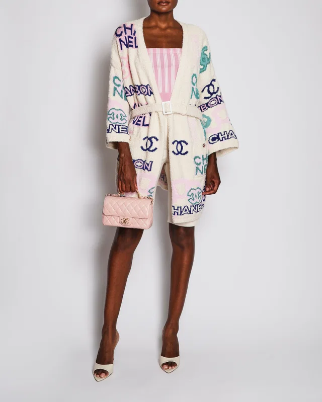 Chanel 23/P Ivory Logo Knitted Long Line Cardigan with Belt Detail Size FR 36 (UK 8) in White from Sellier