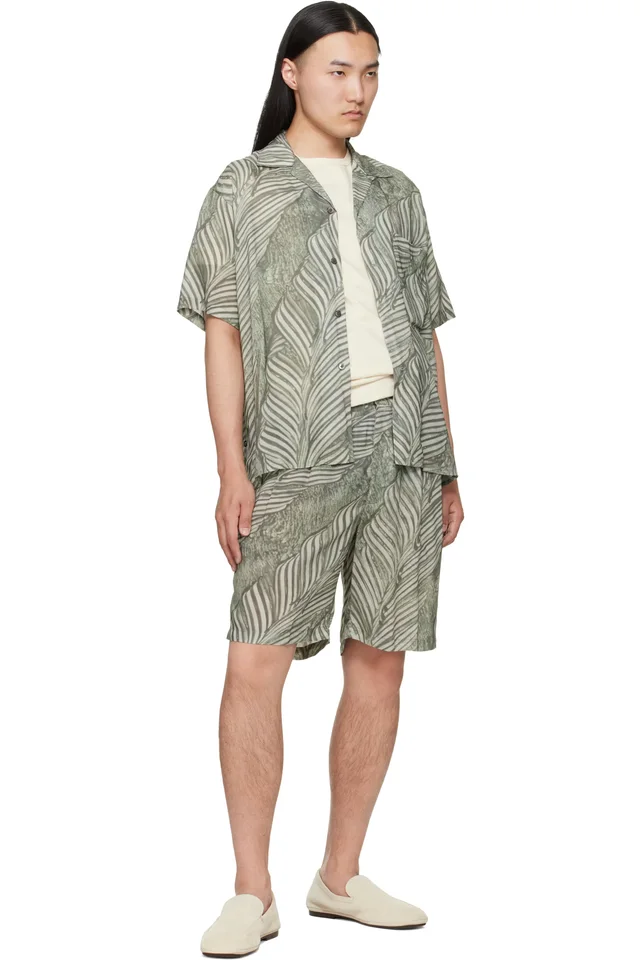 YOKE Green Leaf Pattern Printed Rayon 2Pleated Easy Shorts, photo 4 of 4 from SSENSE