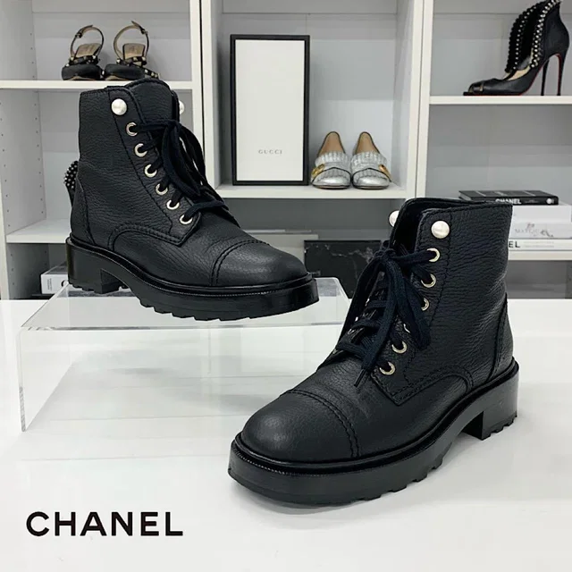 Chanel CC Logo Leather Pearl Lace-up Short Boots Black in Black Leather from The Reluxe