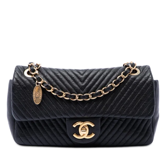 Black Chanel Small Chevron Wrinkled Calfskin Medallion Charm Surpique Flap Shoulder Bag in Black Calfskin from Designer Revival