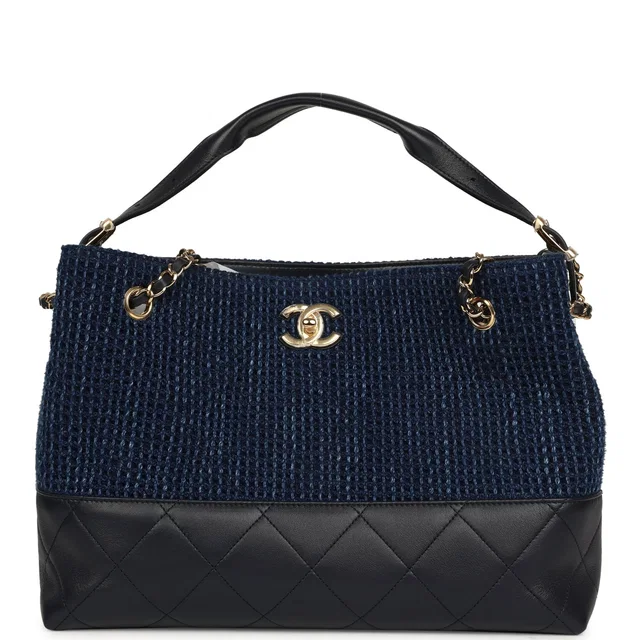 Chanel Small Coco Base Hobo Bag Blue Denim Tweed and Navy Blue Shiny Lambskin Gold Hardware in Navy Lambskin from Madison Avenue Couture