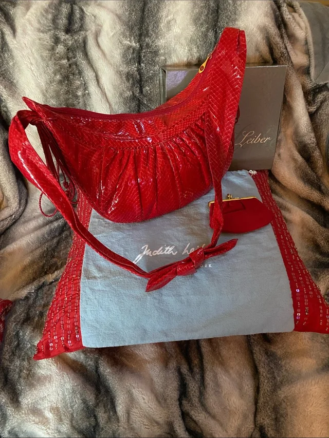 Judith Leiber Judith Lieber Stunning Red Snake Skin Jeweled Closure Large Bag Excellent in gold|red from Poshmark