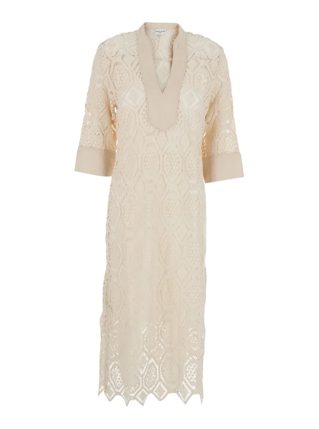 Miss june 'BALEY' Beige Long Dress with Front Neckline and Crochet Work in Cotton Woman in Beige 100% Cotton from Gaudenzi Boutique, photo 1 of 1