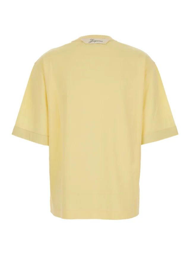 JACQUEMUS 'LE TSHIRT VENTADOU' yellow T-shirt crew neck with gros grain logo on the back in tech fabric for women in Yellow 57% Paper 43% Polyester, photo 3 of 6 from Gaudenzi Boutique