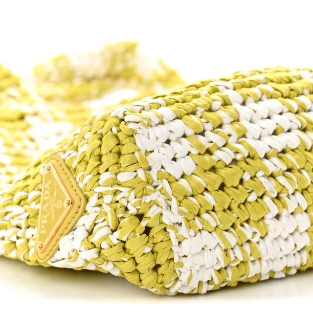 Prada Yarn Raffia Effect Crochet Embroidered Small Logo Tote Citron Yellow in Yellow Raffia from FASHIONPHILE, photo 8 of 9