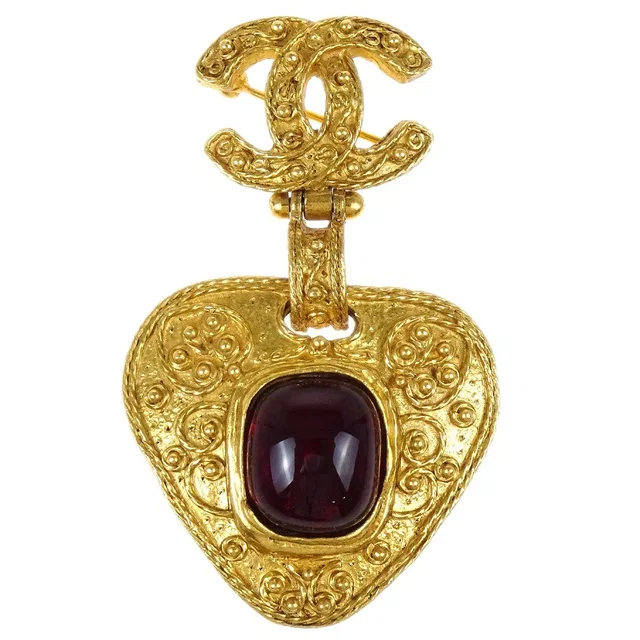 Chanel Gripoix Brooch Pin Heart CC Dangle Gold Red 94A in Red from AMORE Vintage Tokyo