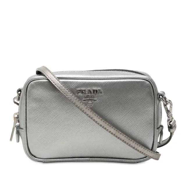 Silver Prada Mini Metallic Saffiano Lux Camera Bag in Silver Saffiano leather from Designer Revival