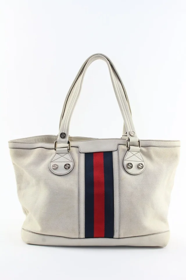 Gucci Navy Web Ivory Tote in White Leather from Bagriculture