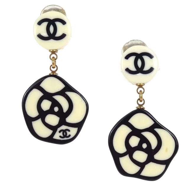 Chanel Dangle Camellia Clip-On Earrings Ivory Acrylic 03P in White Resin from AMORE Vintage Tokyo