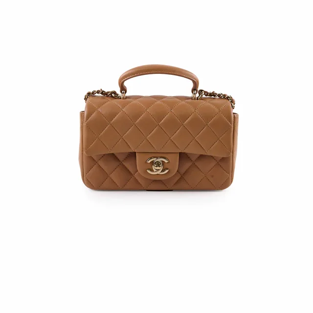 Chanel Mini Rectangular Top Handle Dark Beige Microchip in Beige Calfskin from The Purse Affair